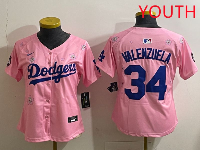 Youth Los Angeles Dodgers 34 Valenzuela Pink Sakura Edition 2025 Nike MLB Jersey style 31